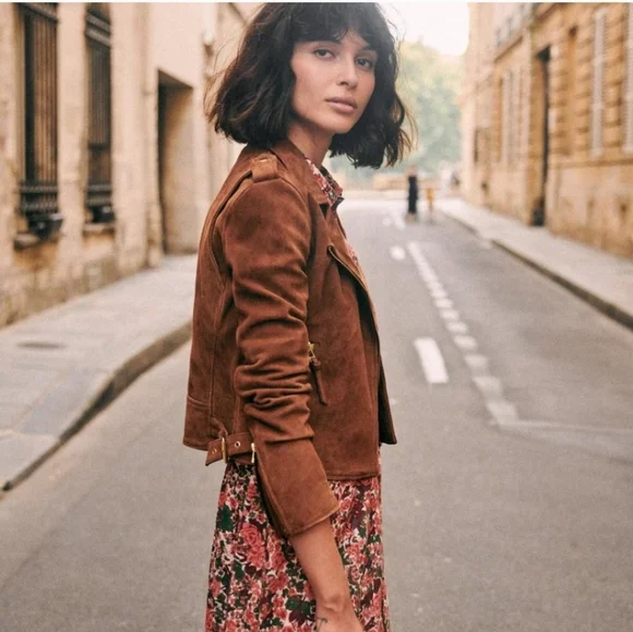 Sezane Zig Biker Jacket Diam Camel Suede Size 2 - Picture 4 of 12